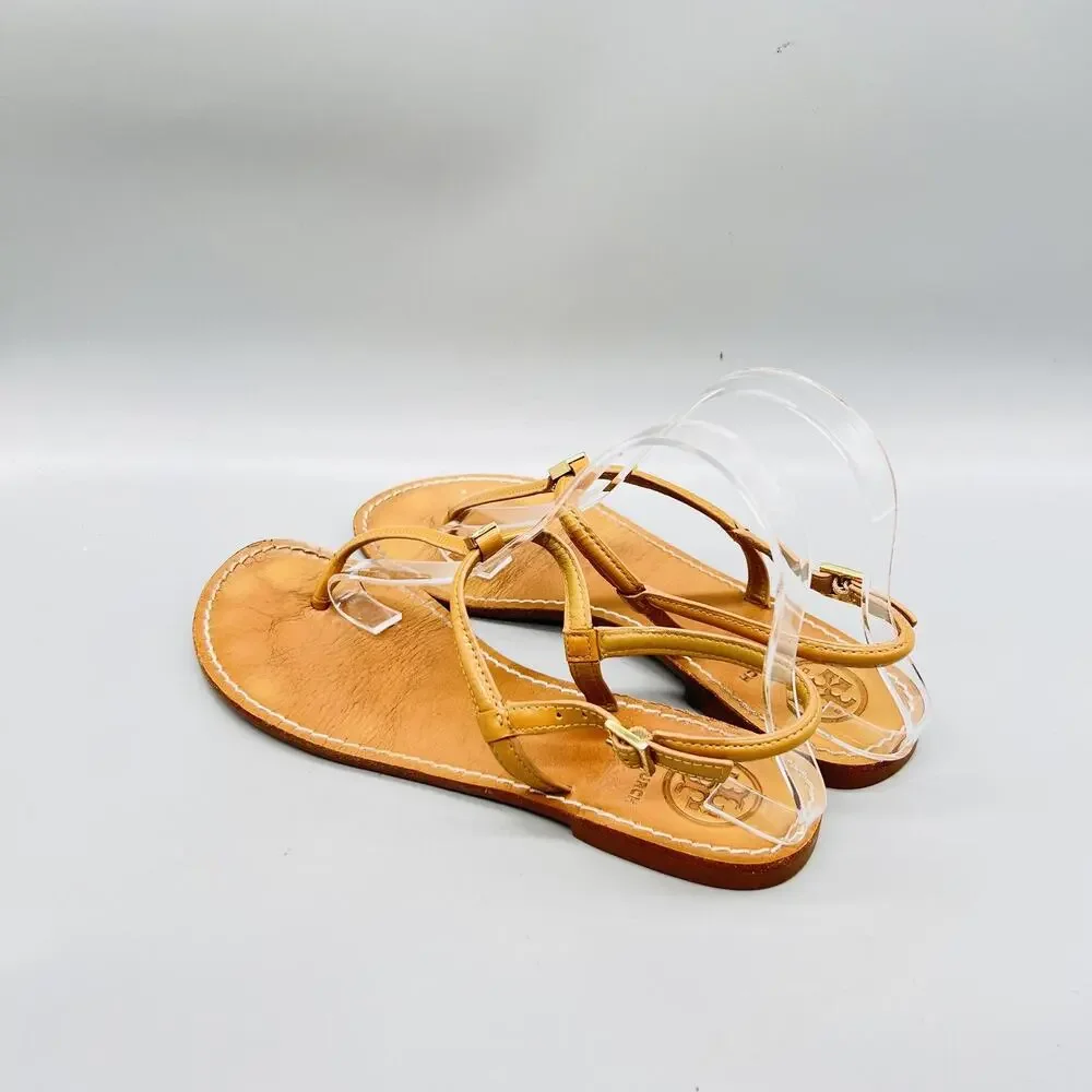 Tory Burch Sandals Womens 7 Beige Leather Thong Ankle Strap Logo Flat Shoes